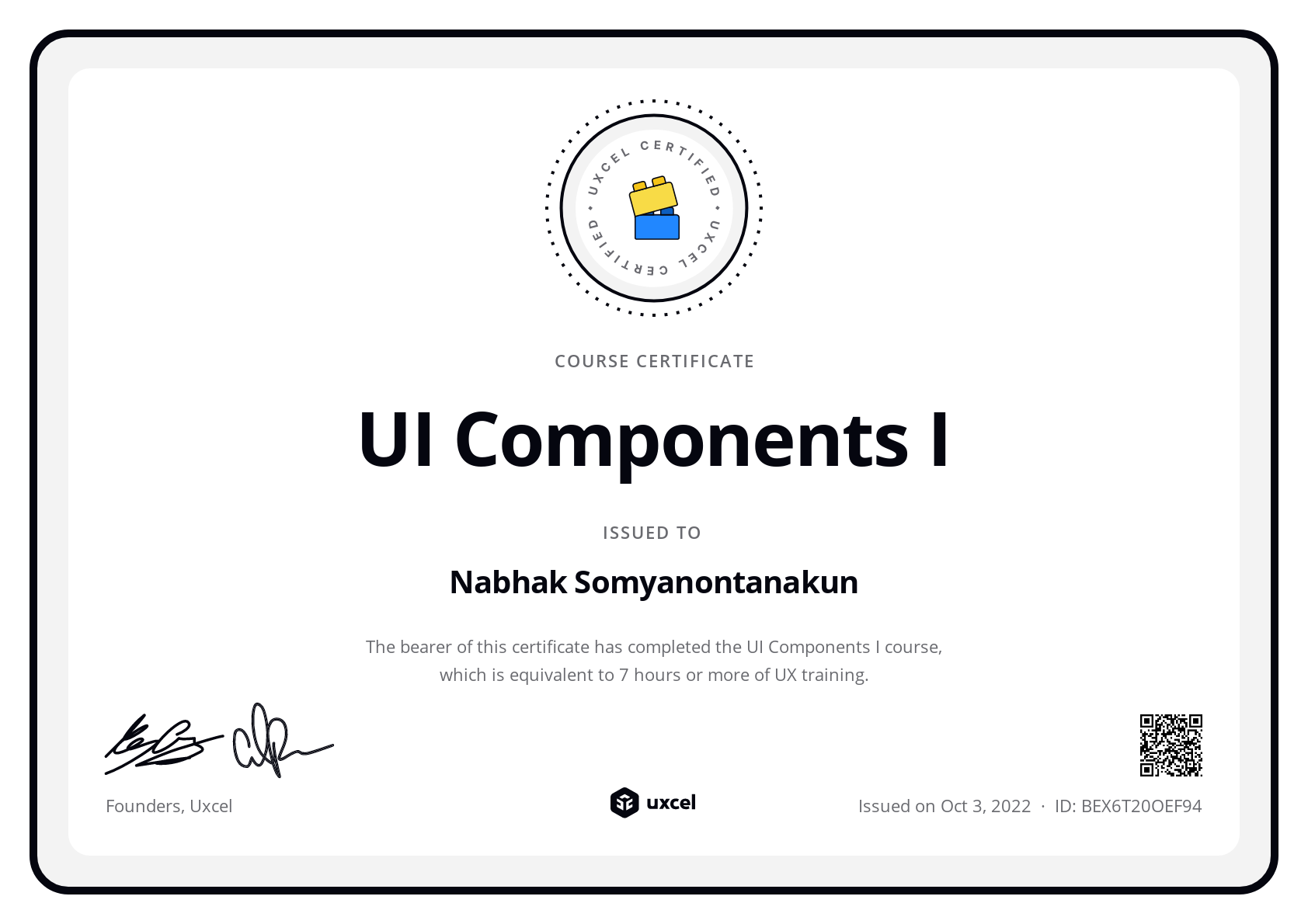 Nabhak Somyanontanakun's certificate